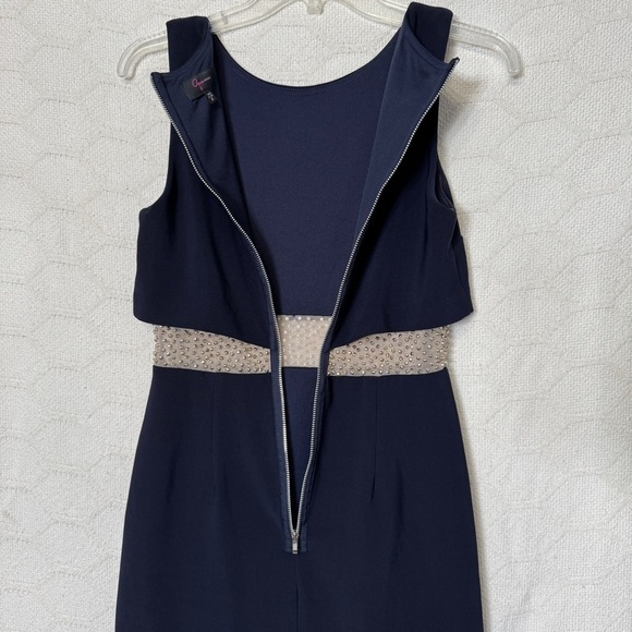 Aqua Navy Sheath Dress Size 0 Beaded Cutout Waist Cocktail Evening - Picture 3 of 6